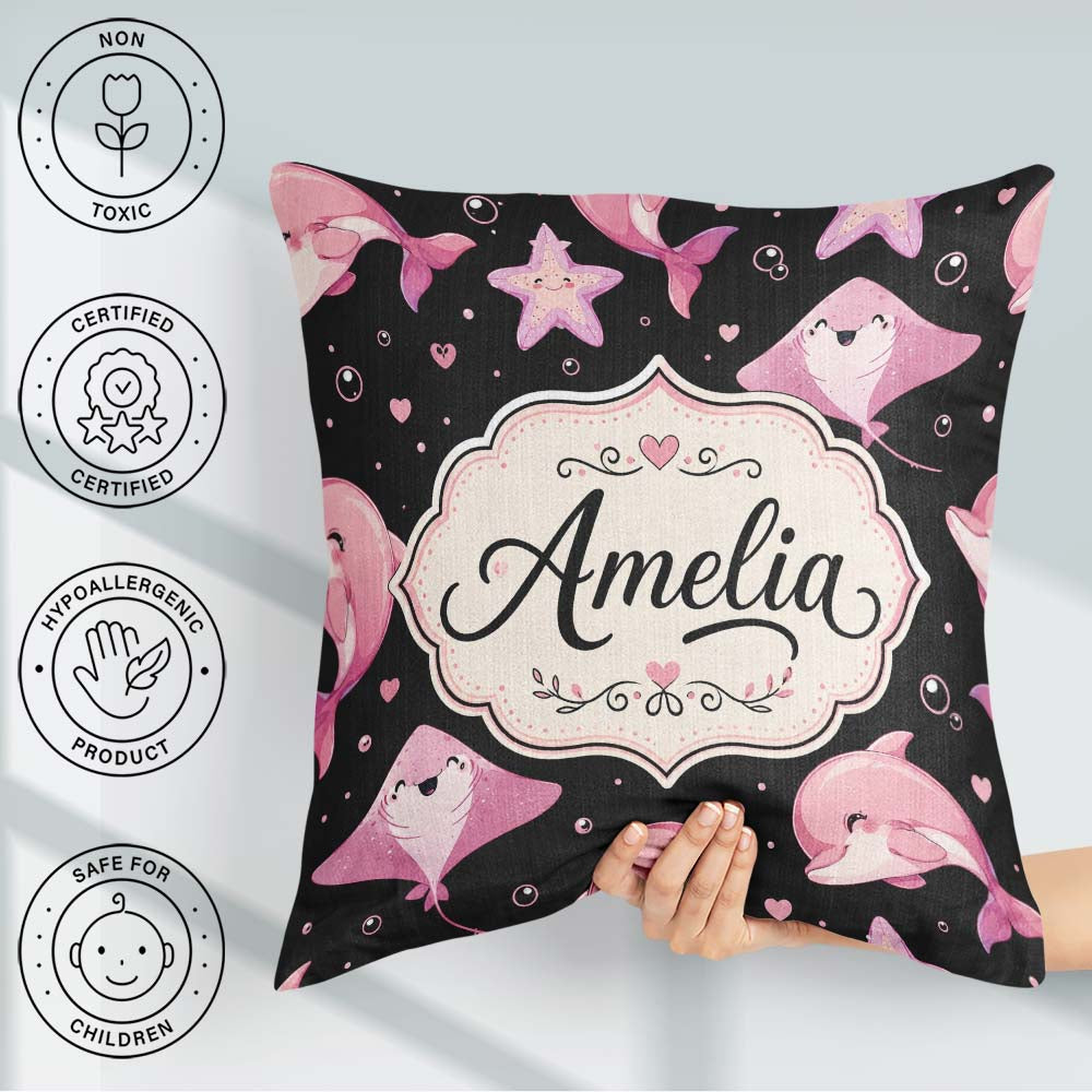 Custom Name Cute Pink Dolphins and Starfish Seamless Ocean Black Square Filled Cushion Throw Pillow Sofa Bed Home Decor Zip Washable UK Made