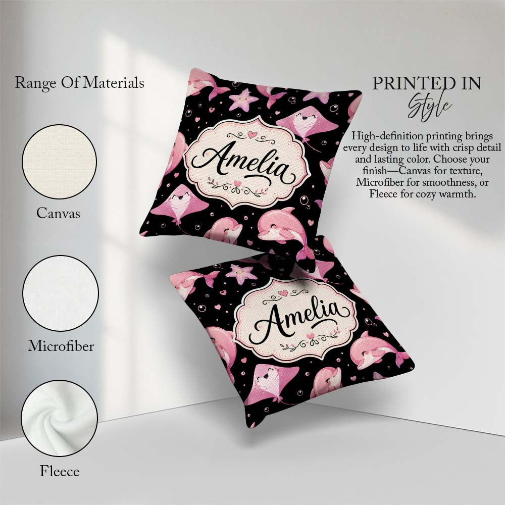 Custom Name Cute Pink Dolphins and Starfish Seamless Ocean Black Square Filled Cushion Throw Pillow Sofa Bed Home Decor Zip Washable UK Made