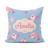 Custom Name Pink Dolphins and Starfish Seamless Ocean Soft Blue Square Filled Cushion Throw Pillow Sofa Bed Home Decor Zip Washable UK Made