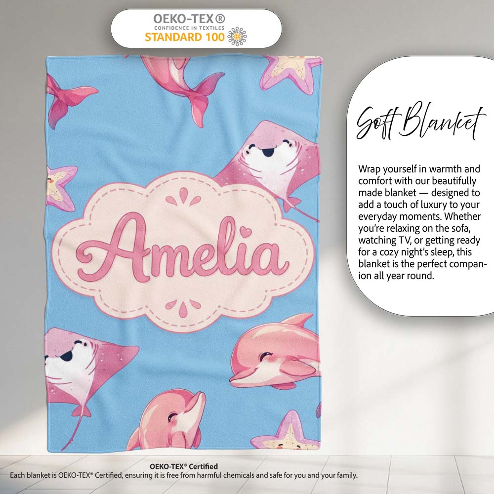 Cute Pink Dolphins and Starfish Seamless Ocean Pattern Soft Blue  Personalised Custom Name Super Soft Fleece Blanket Bed Sofa Throw