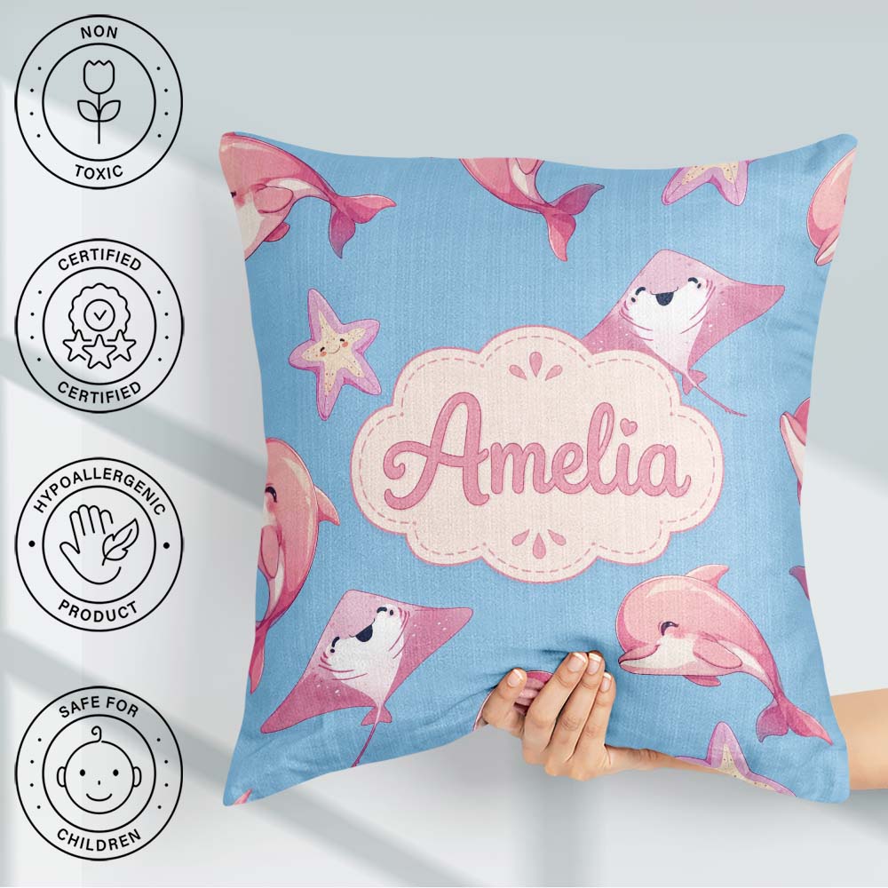 Custom Name Pink Dolphins and Starfish Seamless Ocean Soft Blue Square Filled Cushion Throw Pillow Sofa Bed Home Decor Zip Washable UK Made