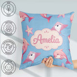 Custom Name Pink Dolphins and Starfish Seamless Ocean Soft Blue Square Filled Cushion Throw Pillow Sofa Bed Home Decor Zip Washable UK Made