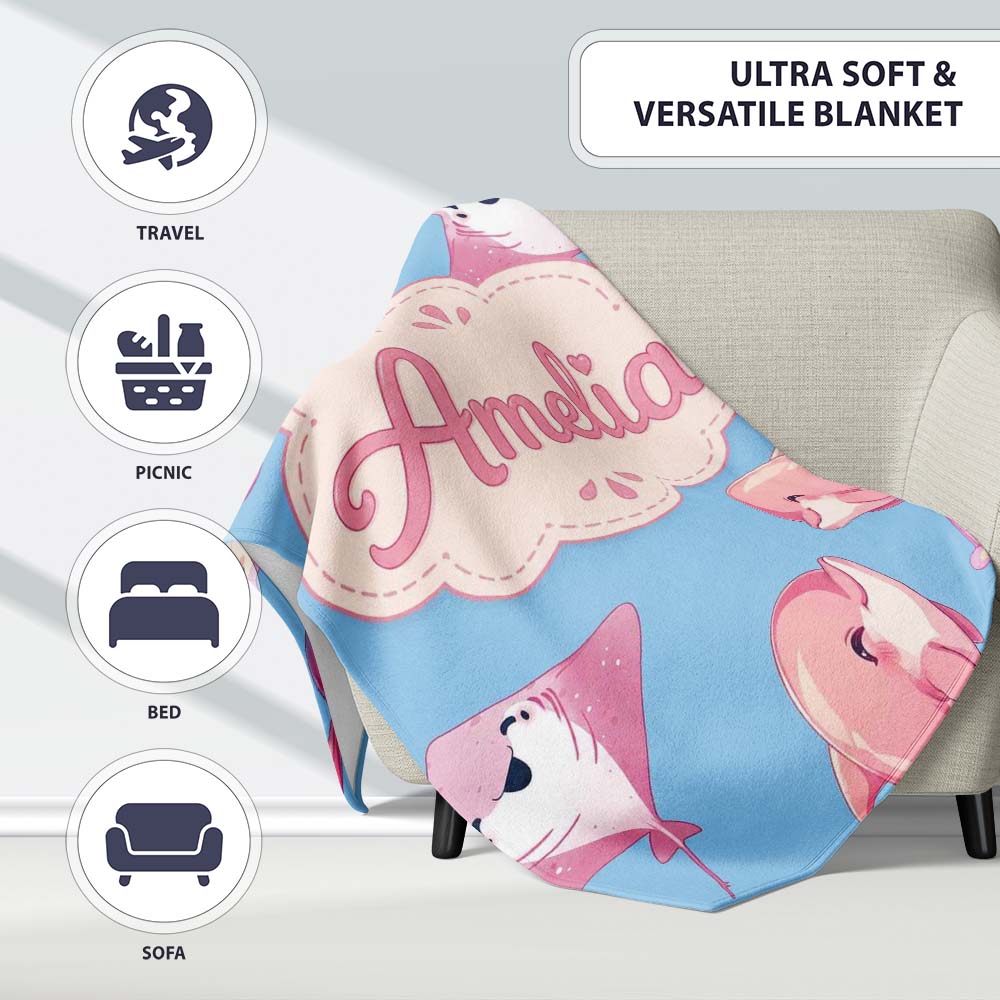 Cute Pink Dolphins and Starfish Seamless Ocean Pattern Soft Blue  Personalised Custom Name Super Soft Fleece Blanket Bed Sofa Throw