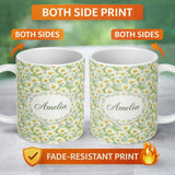 Personalized Custom Name Fresh Green Watercolor Daisy Floral Seamless Pattern Lovely 11oz Ceramic Coffee Tea Mug White Large Handle