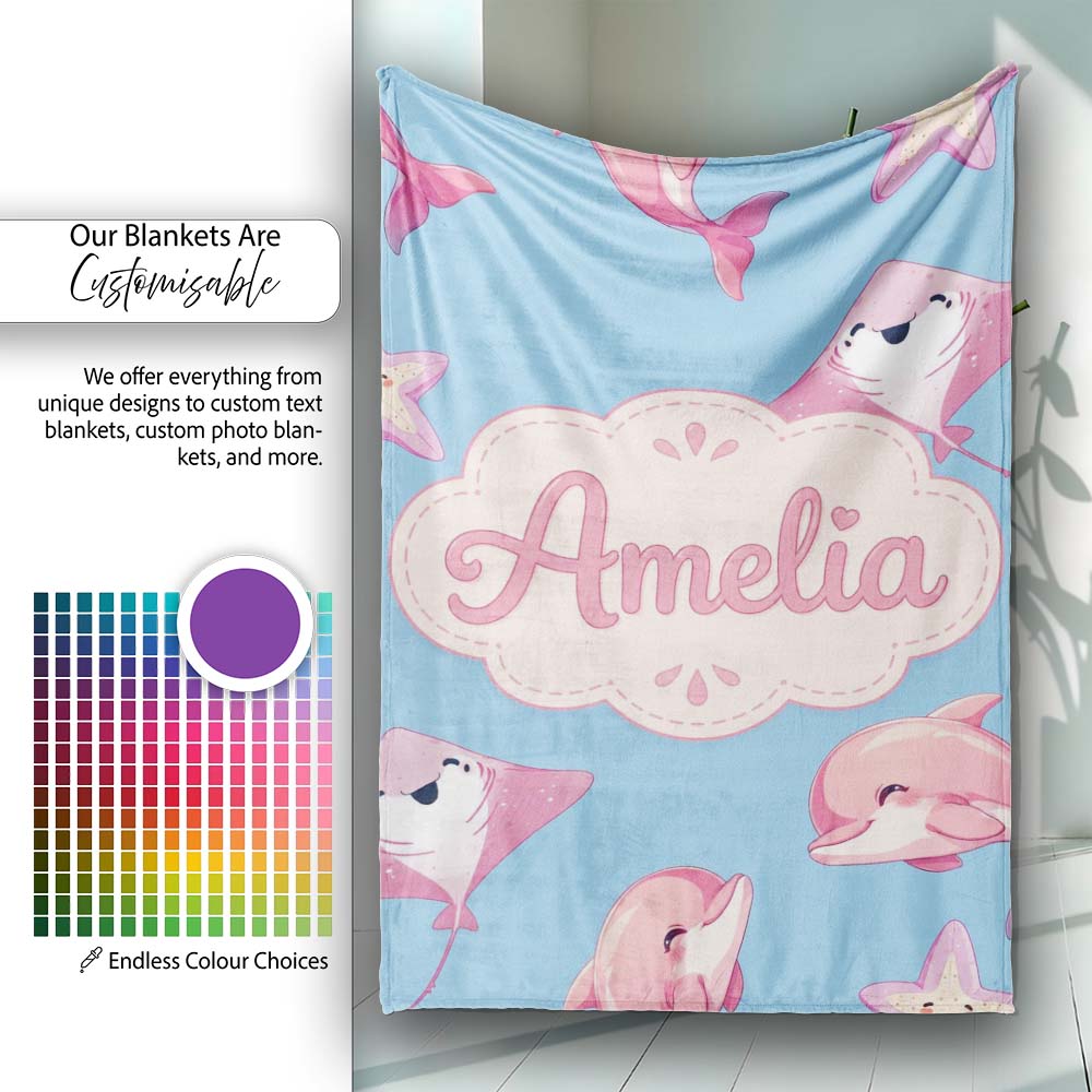 Cute Pink Dolphins and Starfish Seamless Ocean Pattern Soft Blue  Personalised Custom Name Super Soft Fleece Blanket Bed Sofa Throw