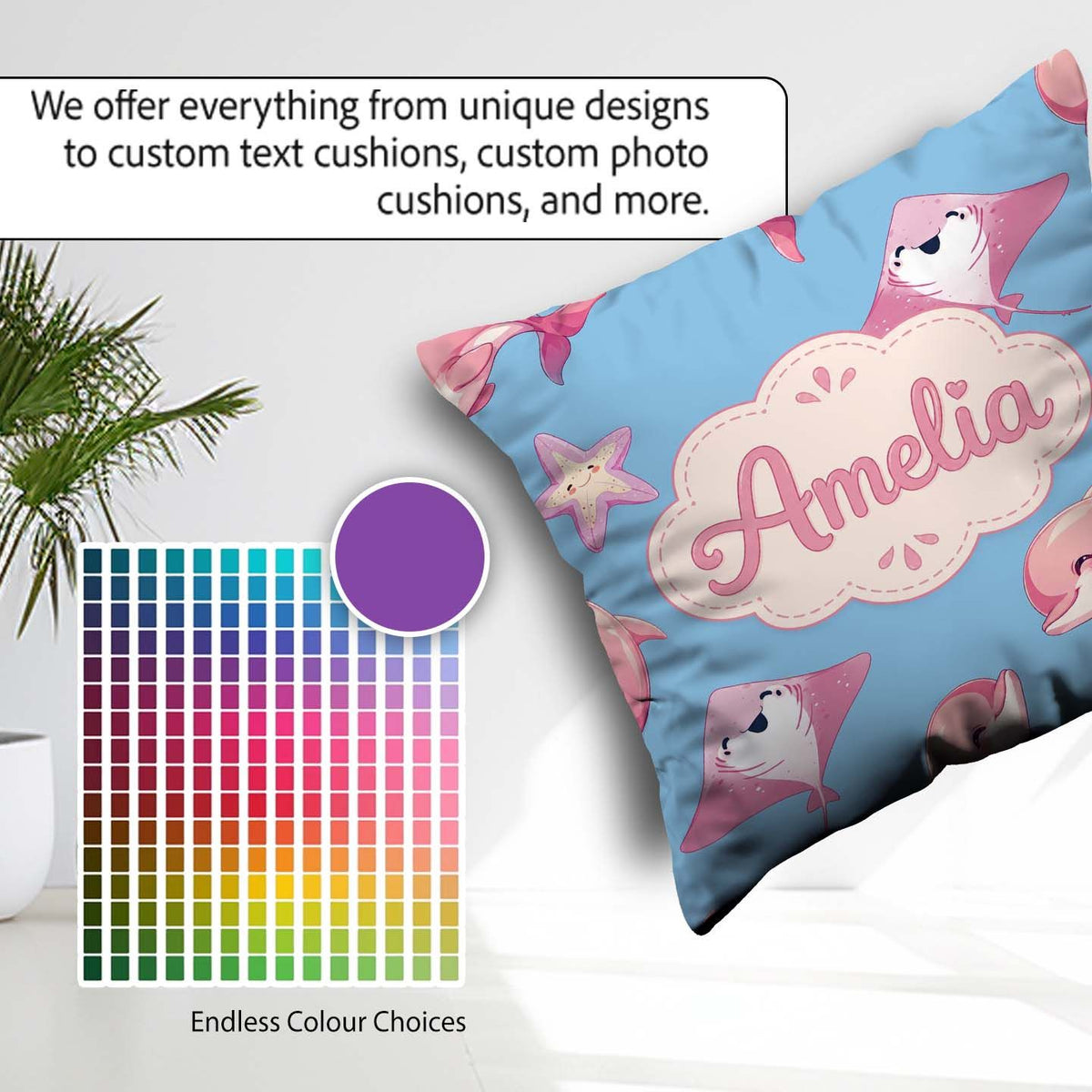 Custom Name Pink Dolphins and Starfish Seamless Ocean Soft Blue Square Filled Cushion Throw Pillow Sofa Bed Home Decor Zip Washable UK Made