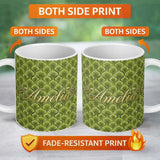 Personalized Custom Name Classic Olive Green Ornamental Motif Seamless Pattern on Cream 11oz Ceramic Coffee Tea Mug White Large Handle