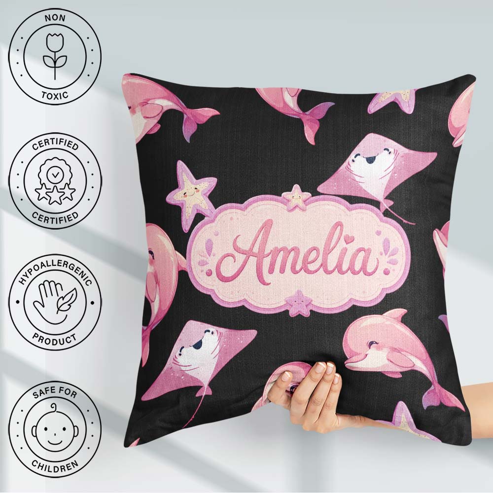 Custom Name Pink Dolphins and Starfish Seamless Ocean Light Grey Square Filled Cushion Throw Pillow Sofa Bed Home Decor Zip Washable UK Made