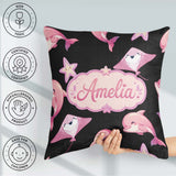 Custom Name Pink Dolphins and Starfish Seamless Ocean Light Grey Square Filled Cushion Throw Pillow Sofa Bed Home Decor Zip Washable UK Made