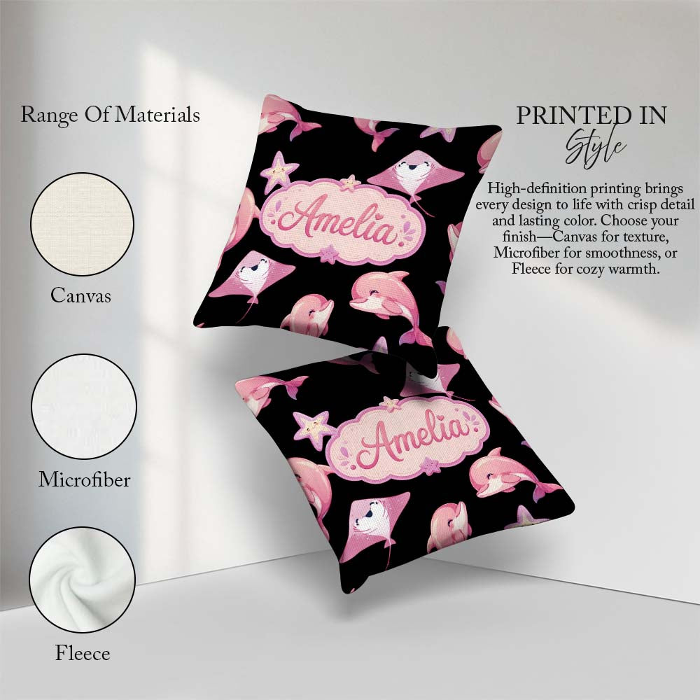 Custom Name Pink Dolphins and Starfish Seamless Ocean Light Grey Square Filled Cushion Throw Pillow Sofa Bed Home Decor Zip Washable UK Made