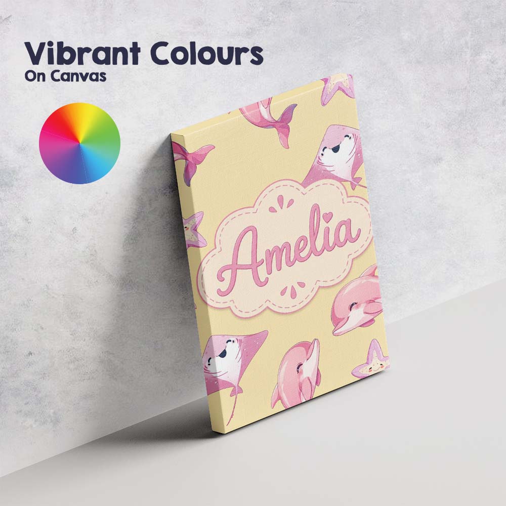 Personalised Name Cute Pink Dolphins and Custom  Unique Gift Idea Elegant Feature Canvas Wall Art Print Decor Picture Ready to Hang