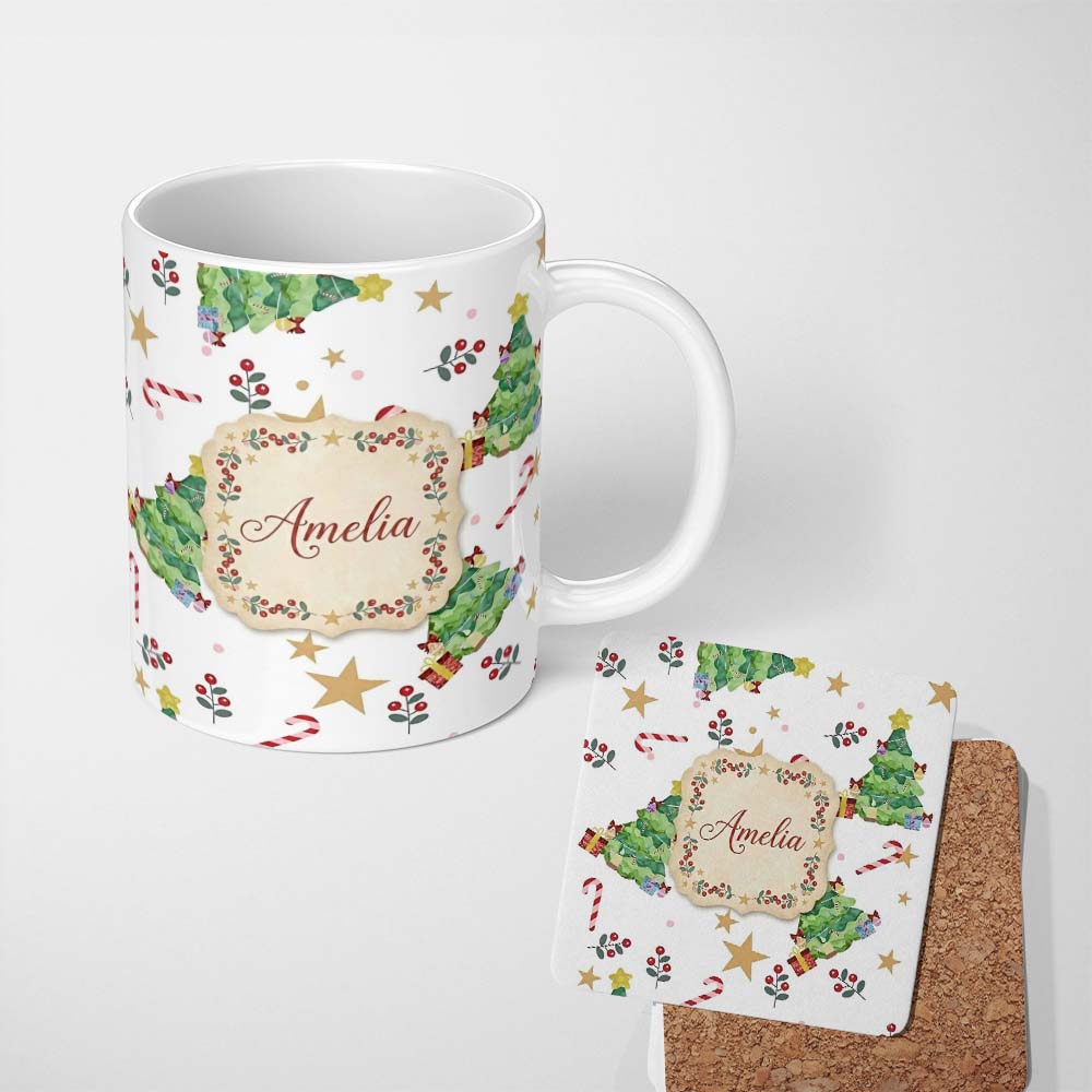 Personalized Custom Name Watercolor Christmas Tree Candy Cane Stars Cute Seamless Pattern 11oz Ceramic Coffee Tea Mug White Large Handle