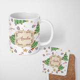 Personalized Custom Name Watercolor Christmas Tree Candy Cane Stars Cute Seamless Pattern 11oz Ceramic Coffee Tea Mug White Large Handle