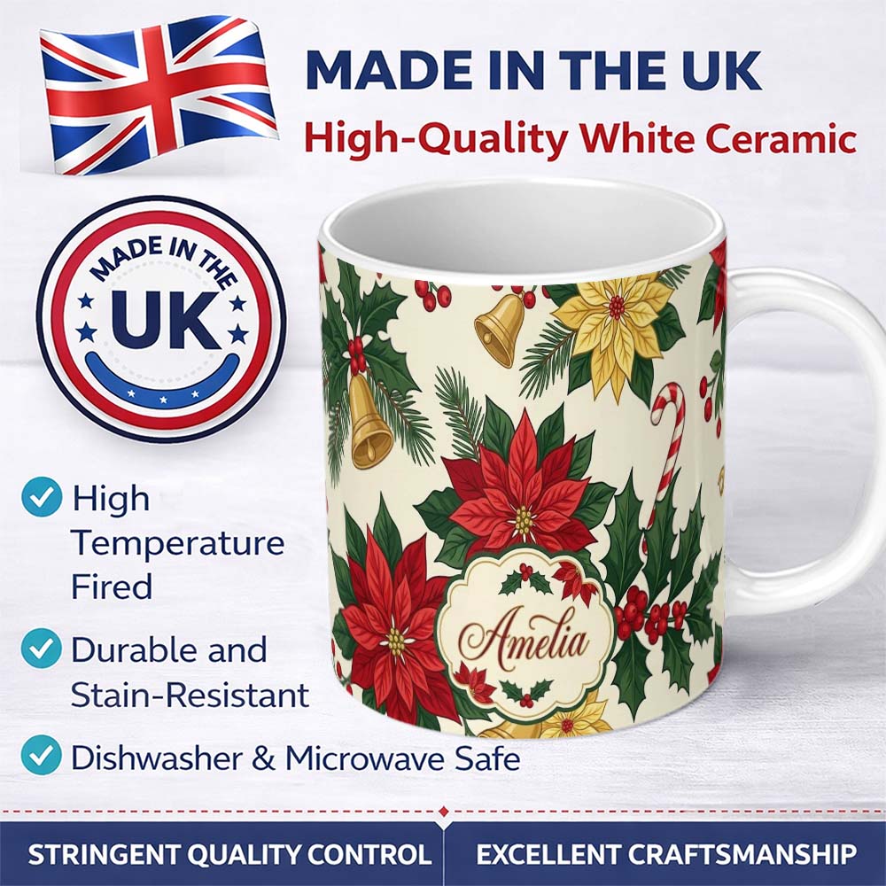 Personalized Custom Name Vintage Holly Leaves Bells Poinsettia and Festive Botanical Seamless 11oz Ceramic Coffee Tea Mug White Large Handle