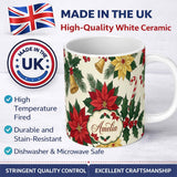 Personalized Custom Name Vintage Holly Leaves Bells Poinsettia and Festive Botanical Seamless 11oz Ceramic Coffee Tea Mug White Large Handle