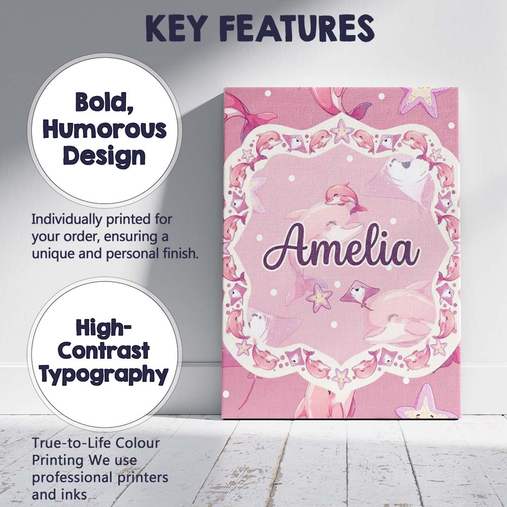 Personalised Name Cute Pink Dolphins and Custom  Unique Gift Idea Elegant Feature Canvas Wall Art Print Decor Picture Ready to Hang