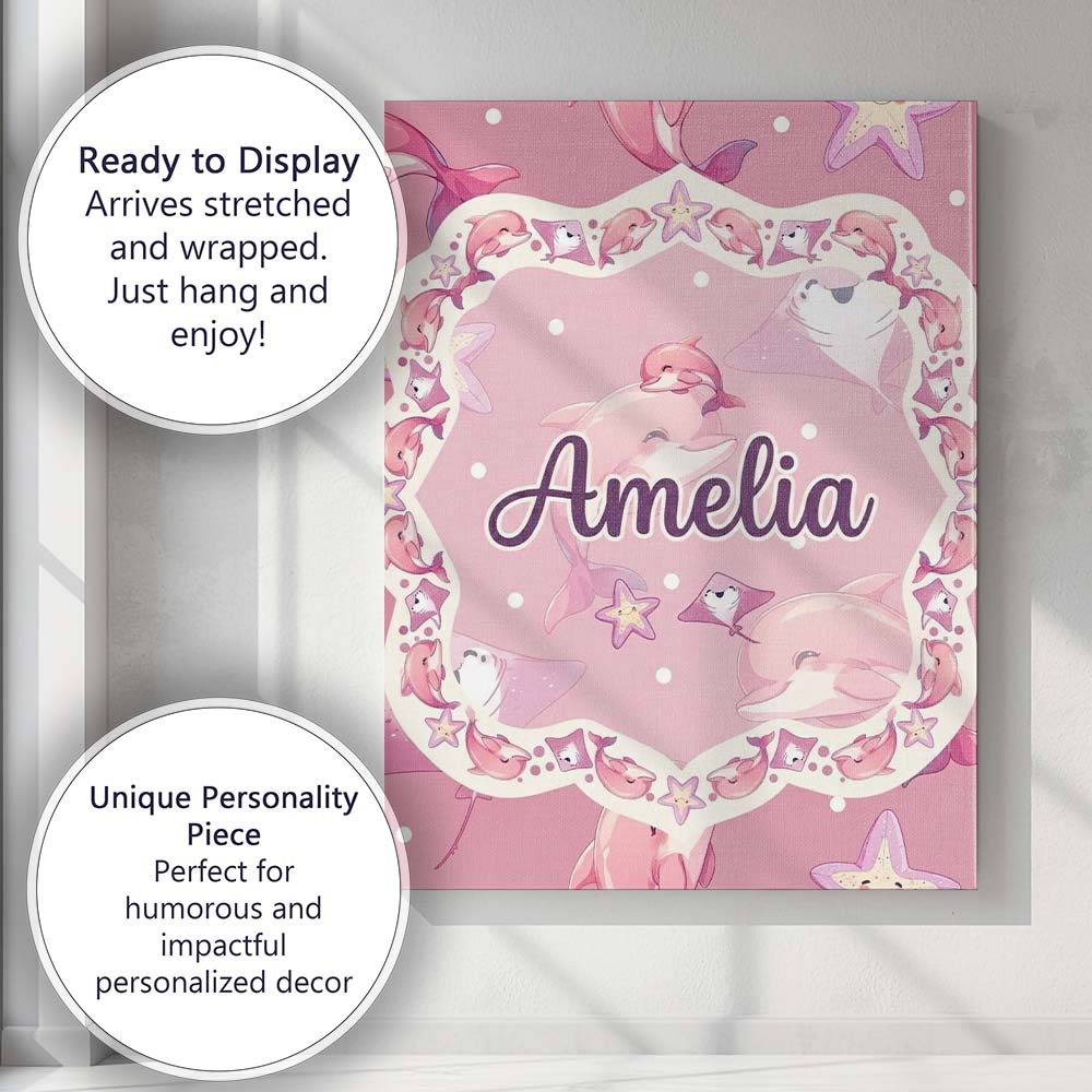 Personalised Name Cute Pink Dolphins and Custom  Unique Gift Idea Elegant Feature Canvas Wall Art Print Decor Picture Ready to Hang