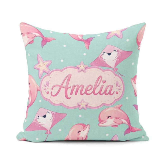 Custom Name Cute Pink Dolphins and Starfish Ocean Mint Green Dot Square Filled Cushion Throw Pillow Sofa Bed Home Decor Zip Washable UK Made
