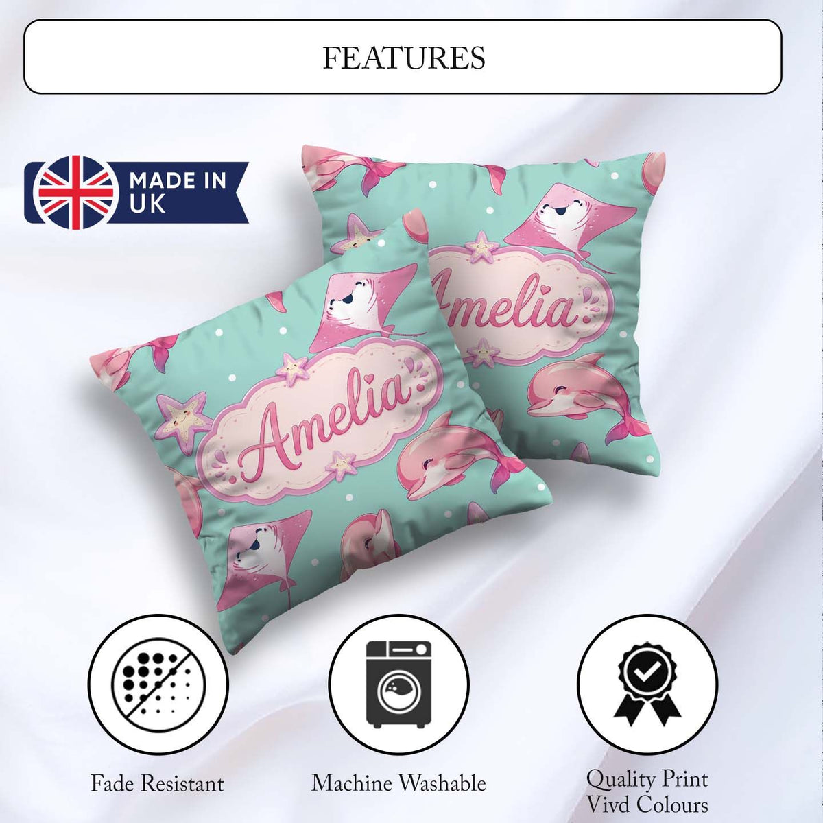 Custom Name Cute Pink Dolphins and Starfish Ocean Mint Green Dot Square Filled Cushion Throw Pillow Sofa Bed Home Decor Zip Washable UK Made
