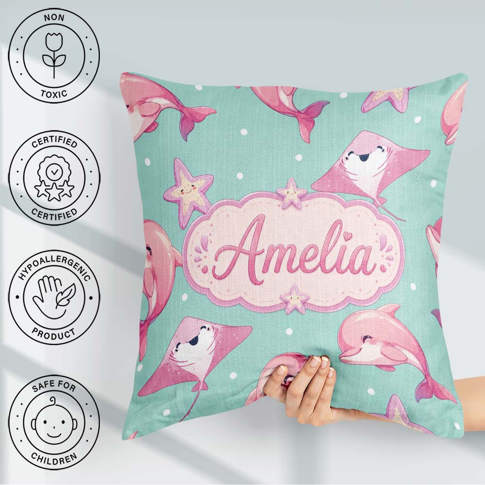 Custom Name Cute Pink Dolphins and Starfish Ocean Mint Green Dot Square Filled Cushion Throw Pillow Sofa Bed Home Decor Zip Washable UK Made