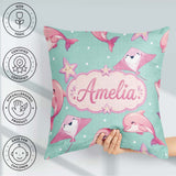 Custom Name Cute Pink Dolphins and Starfish Ocean Mint Green Dot Square Filled Cushion Throw Pillow Sofa Bed Home Decor Zip Washable UK Made