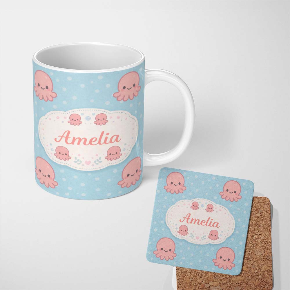 Personalized Custom Name Cute Pink Octopus Cartoon Sea Animal Pattern Charming Kitchen Decor 11oz Ceramic Coffee Tea Mug White Large Handle