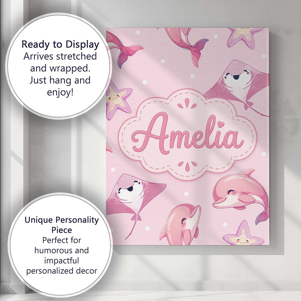 Personalised Name Cute Pink Dolphins and Custom  Unique Gift Idea Elegant Feature Canvas Wall Art Print Decor Picture Ready to Hang