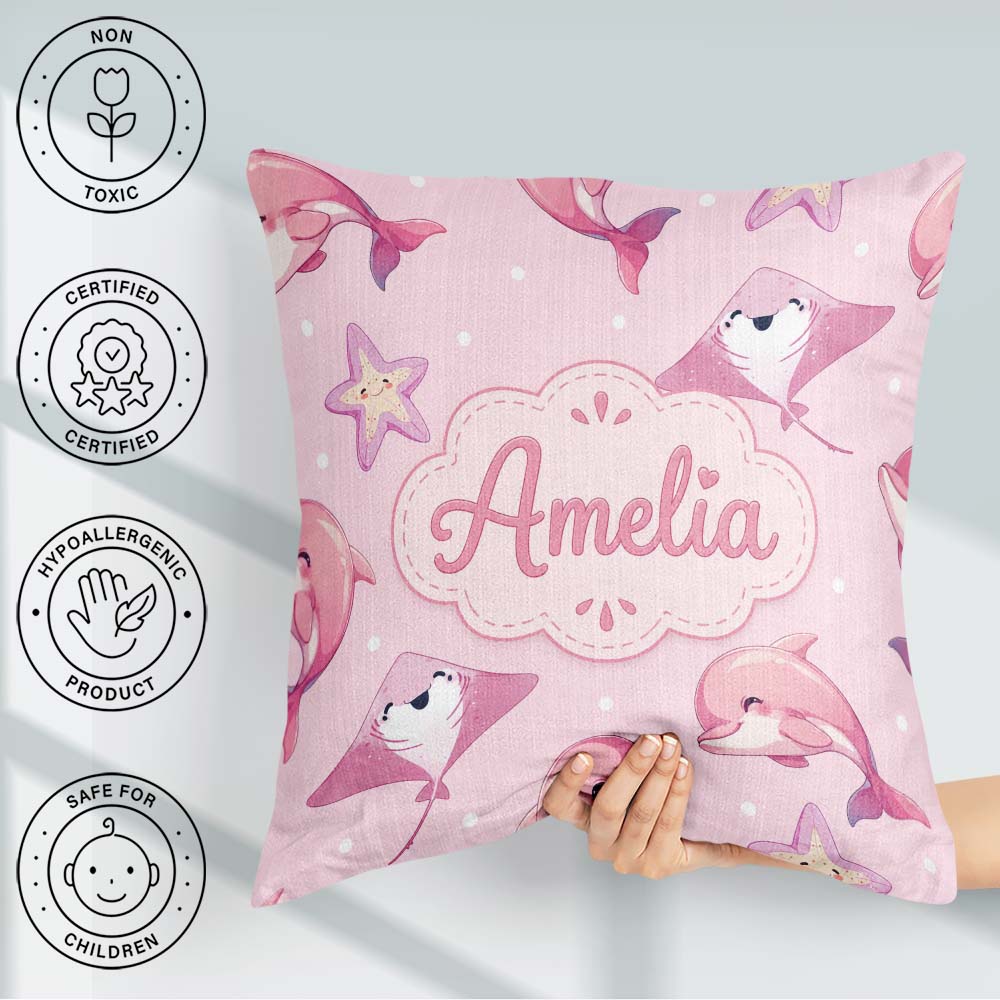 Custom Name Pink Dolphins and Starfish Ocean Soft Pink Polka Dot Square Filled Cushion Throw Pillow Sofa Bed Home Decor Zip Washable UK Made