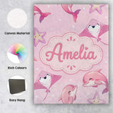 Personalised Name Cute Pink Dolphins and Custom  Unique Gift Idea Elegant Feature Canvas Wall Art Print Decor Picture Ready to Hang