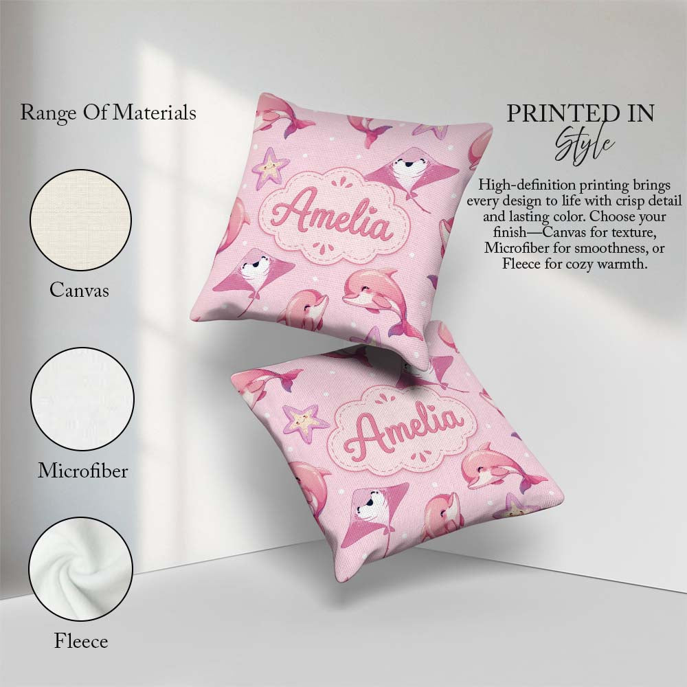 Custom Name Pink Dolphins and Starfish Ocean Soft Pink Polka Dot Square Filled Cushion Throw Pillow Sofa Bed Home Decor Zip Washable UK Made