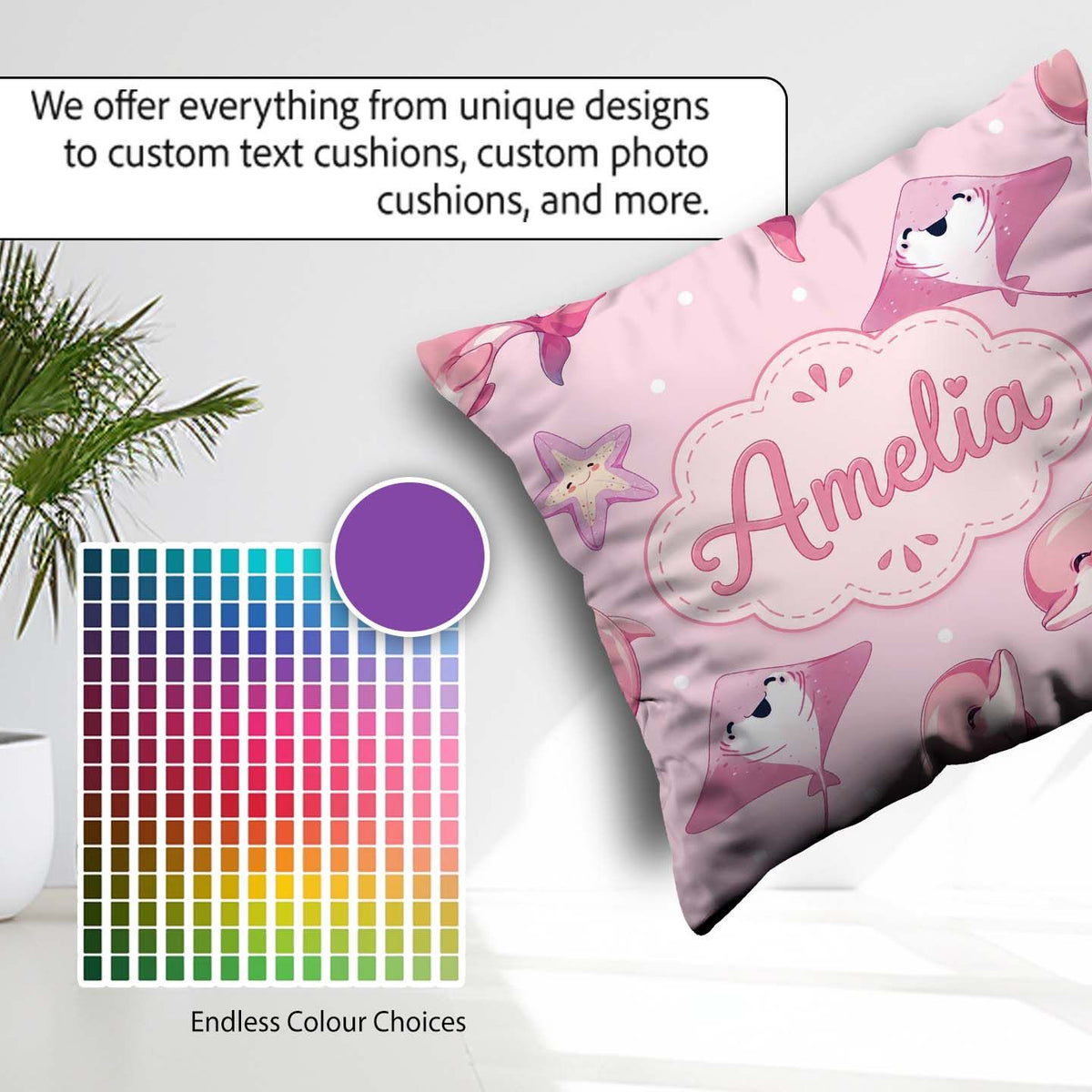 Custom Name Pink Dolphins and Starfish Ocean Soft Pink Polka Dot Square Filled Cushion Throw Pillow Sofa Bed Home Decor Zip Washable UK Made