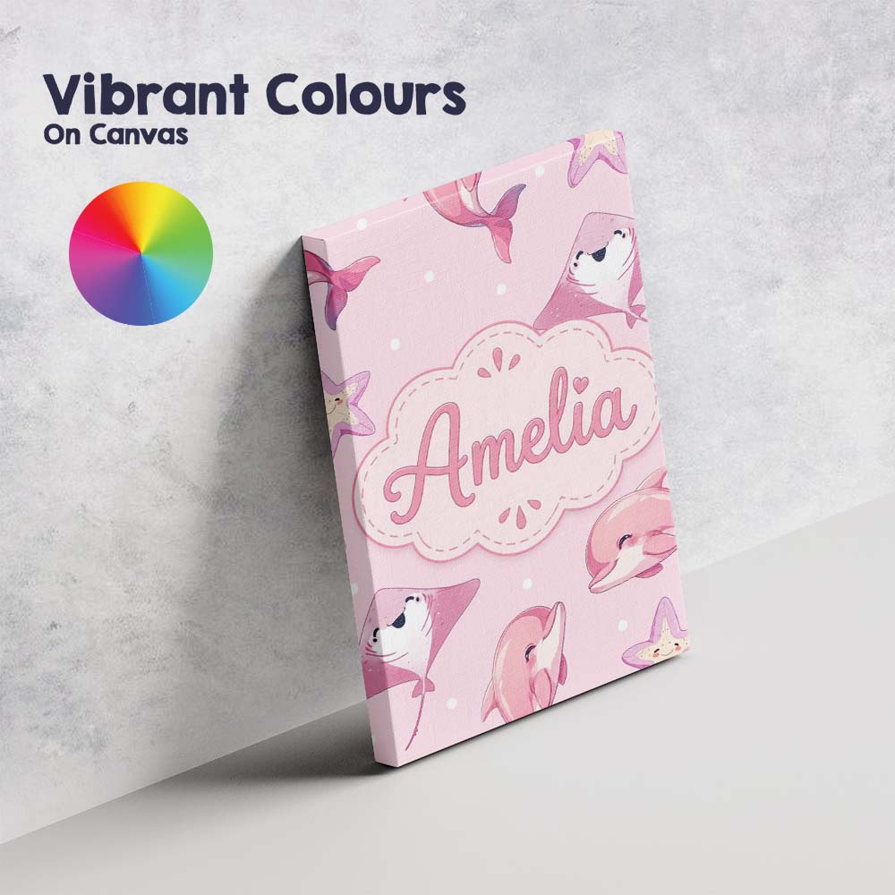 Personalised Name Cute Pink Dolphins and Custom  Unique Gift Idea Elegant Feature Canvas Wall Art Print Decor Picture Ready to Hang