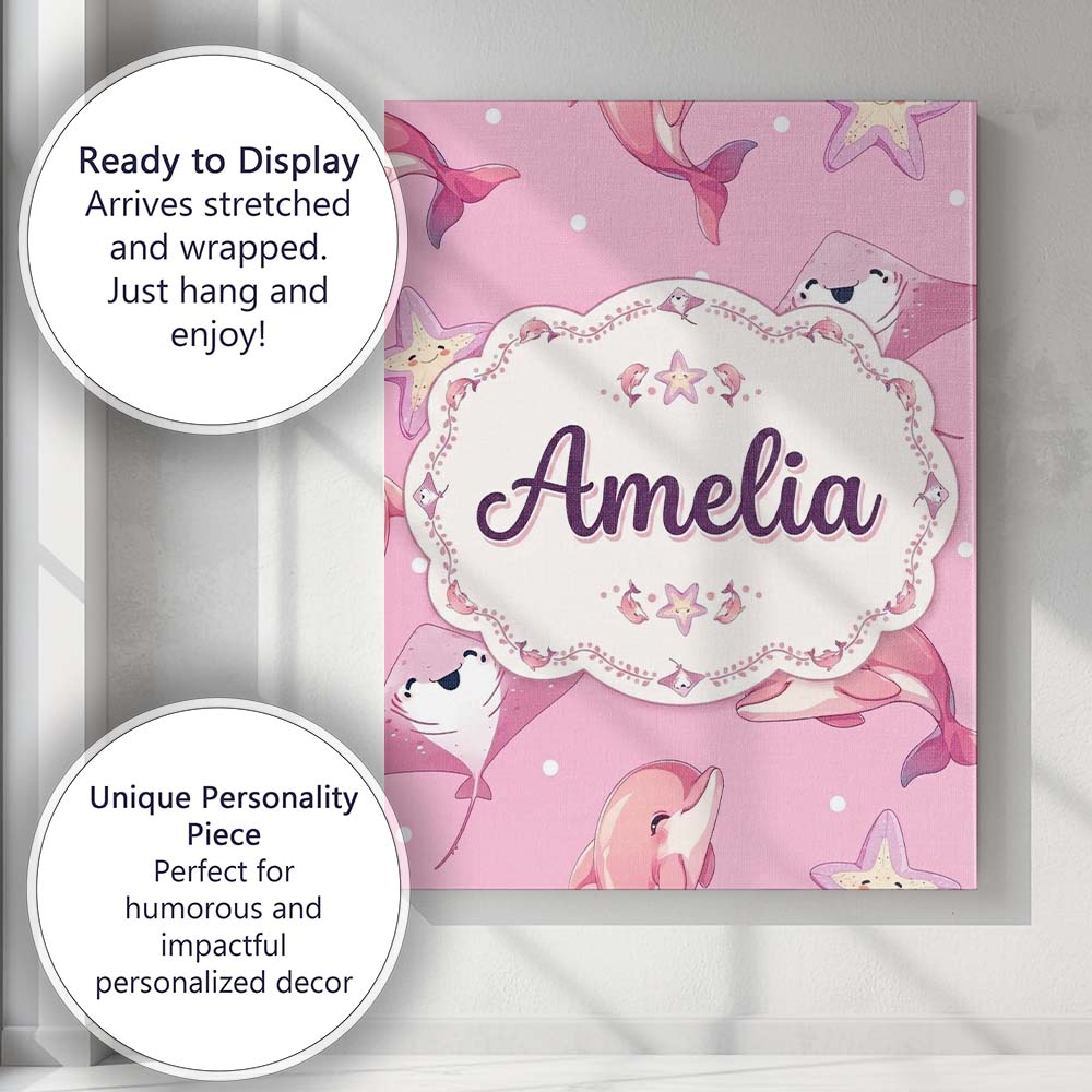 Personalised Name Cute Pink Dolphins and Custom  Unique Gift Idea Elegant Feature Canvas Wall Art Print Decor Picture Ready to Hang