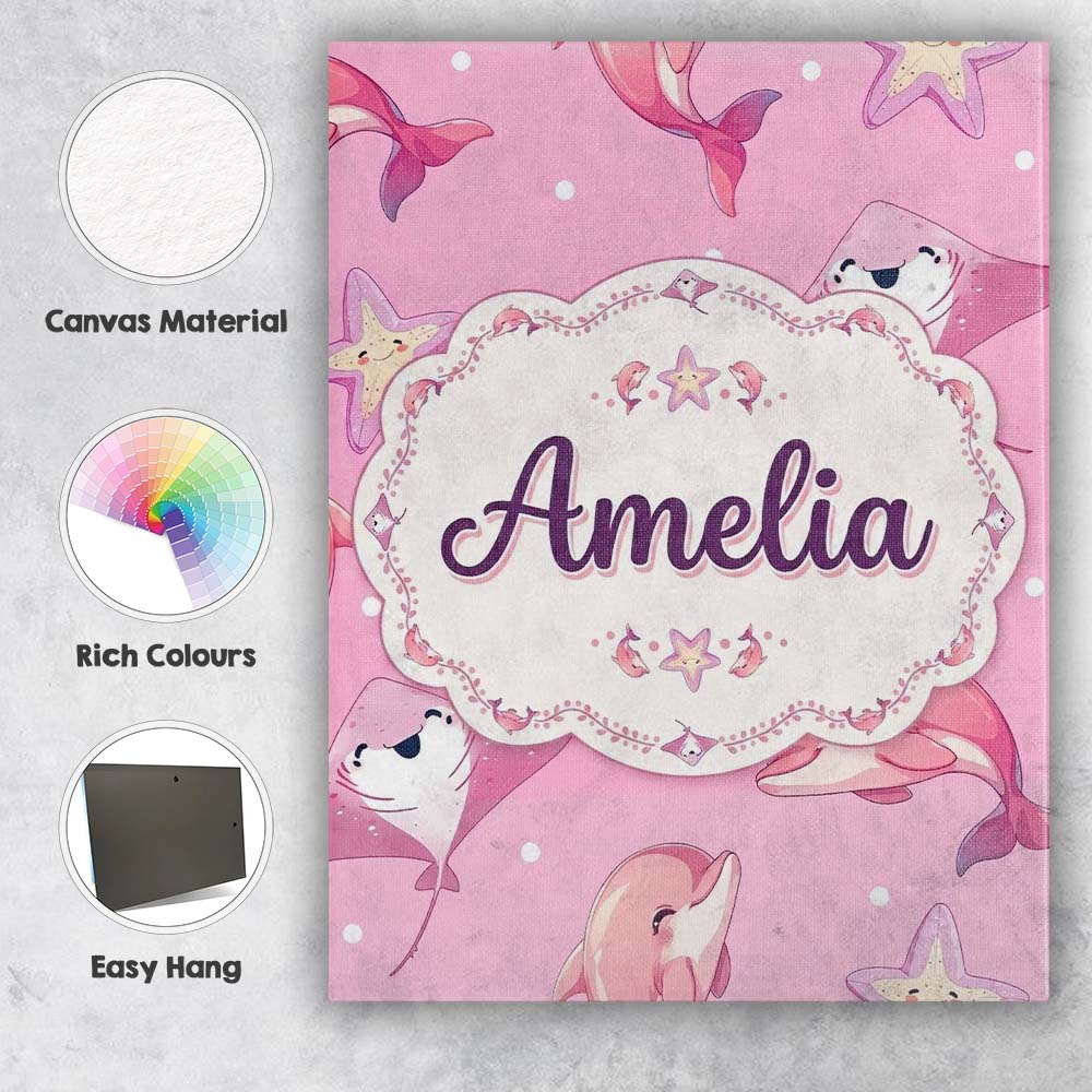 Personalised Name Cute Pink Dolphins and Custom  Unique Gift Idea Elegant Feature Canvas Wall Art Print Decor Picture Ready to Hang