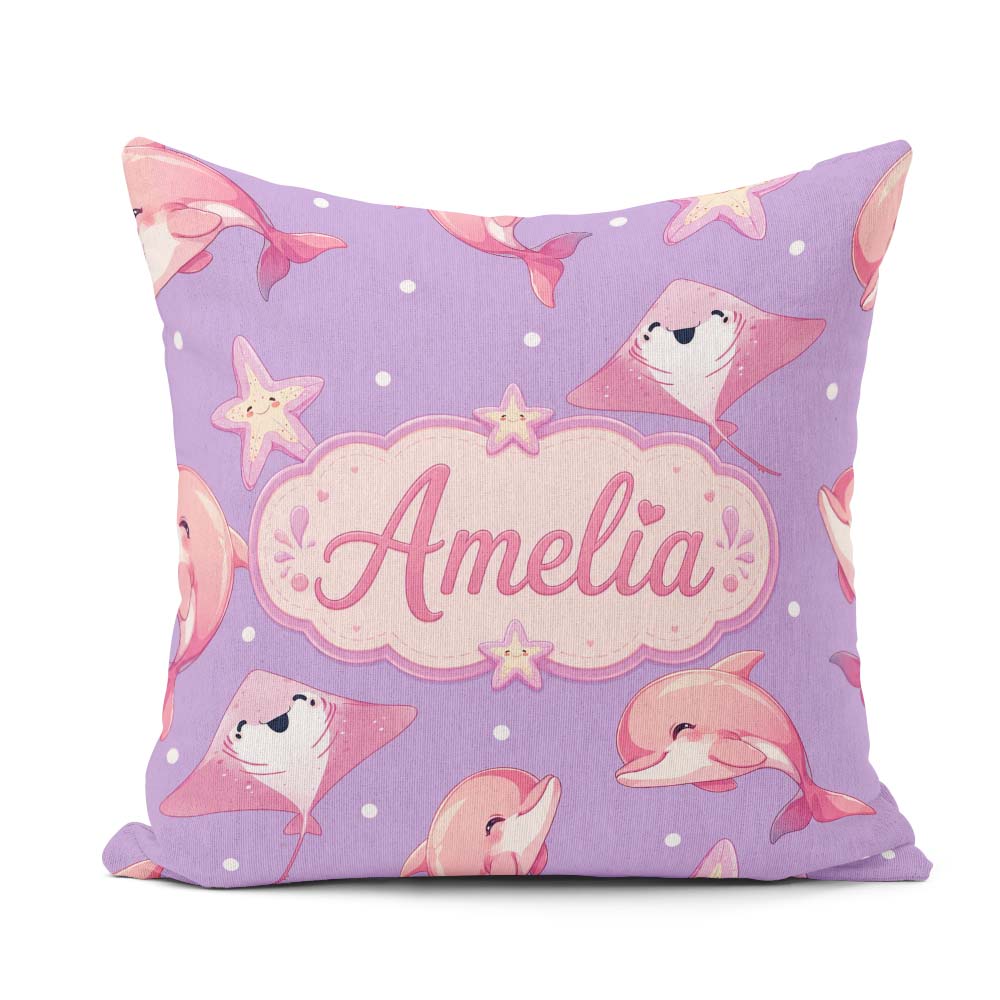 Custom Name Cute Pink Dolphins and Starfish Ocean Pattern Purple Square Filled Cushion Throw Pillow Sofa Bed Home Decor Zip Washable UK Made