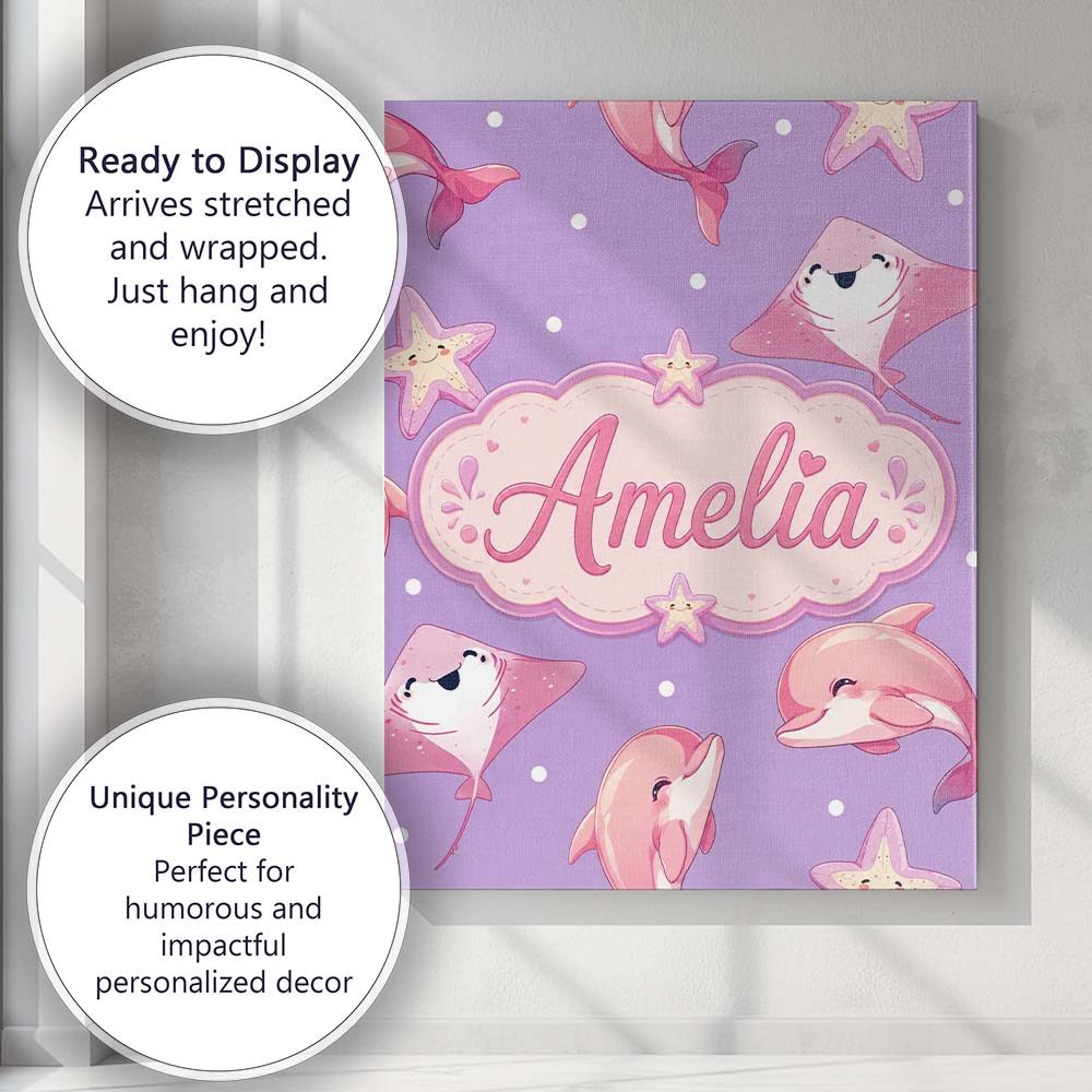 Personalised Name Cute Pink Dolphins and Custom  Unique Gift Idea Elegant Feature Canvas Wall Art Print Decor Picture Ready to Hang