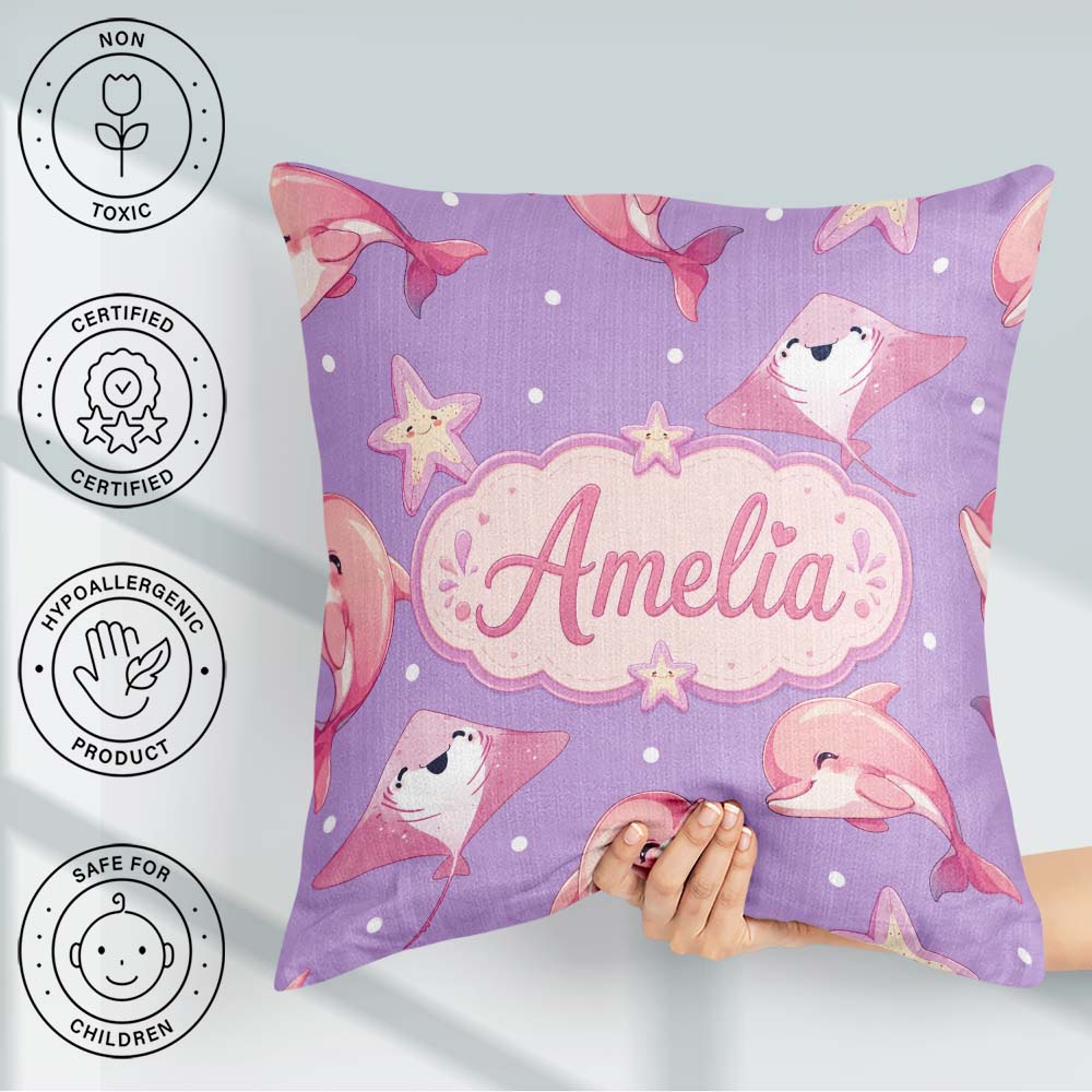 Custom Name Cute Pink Dolphins and Starfish Ocean Pattern Purple Square Filled Cushion Throw Pillow Sofa Bed Home Decor Zip Washable UK Made