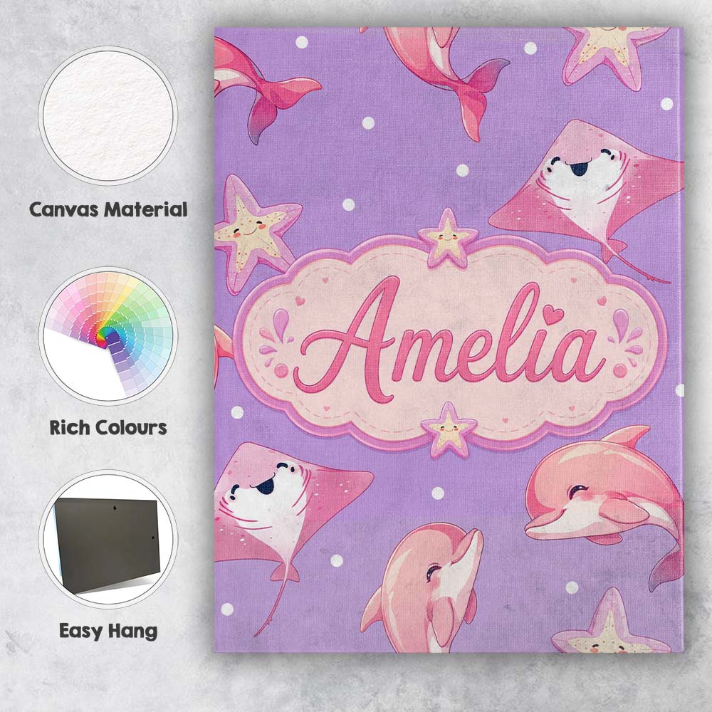 Personalised Name Cute Pink Dolphins and Custom  Unique Gift Idea Elegant Feature Canvas Wall Art Print Decor Picture Ready to Hang