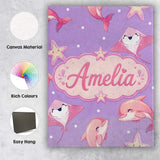 Personalised Name Cute Pink Dolphins and Custom  Unique Gift Idea Elegant Feature Canvas Wall Art Print Decor Picture Ready to Hang