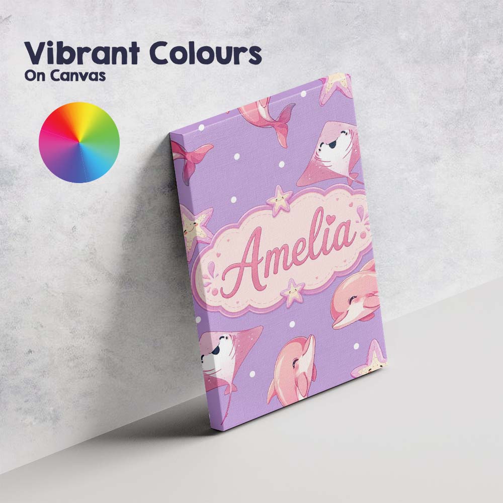 Personalised Name Cute Pink Dolphins and Custom  Unique Gift Idea Elegant Feature Canvas Wall Art Print Decor Picture Ready to Hang
