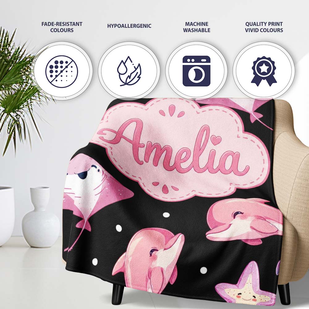 Cute Pink Dolphins and Starfish Seamless Ocean Pattern Light Grey  Personalised Custom Name Super Soft Fleece Blanket Bed Sofa Throw