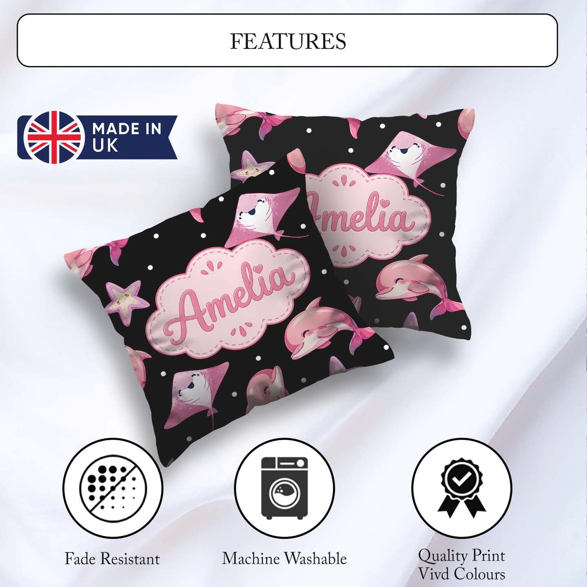 Custom Name Pink Dolphins and Starfish Seamless Ocean Light Grey Square Filled Cushion Throw Pillow Sofa Bed Home Decor Zip Washable UK Made
