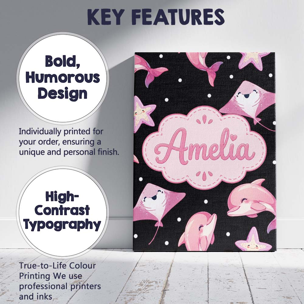 Personalised Name Cute Pink Dolphins and Custom  Unique Gift Idea Elegant Feature Canvas Wall Art Print Decor Picture Ready to Hang
