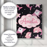 Personalised Name Cute Pink Dolphins and Custom  Unique Gift Idea Elegant Feature Canvas Wall Art Print Decor Picture Ready to Hang
