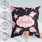 Custom Name Pink Dolphins and Starfish Seamless Ocean Light Grey Square Filled Cushion Throw Pillow Sofa Bed Home Decor Zip Washable UK Made