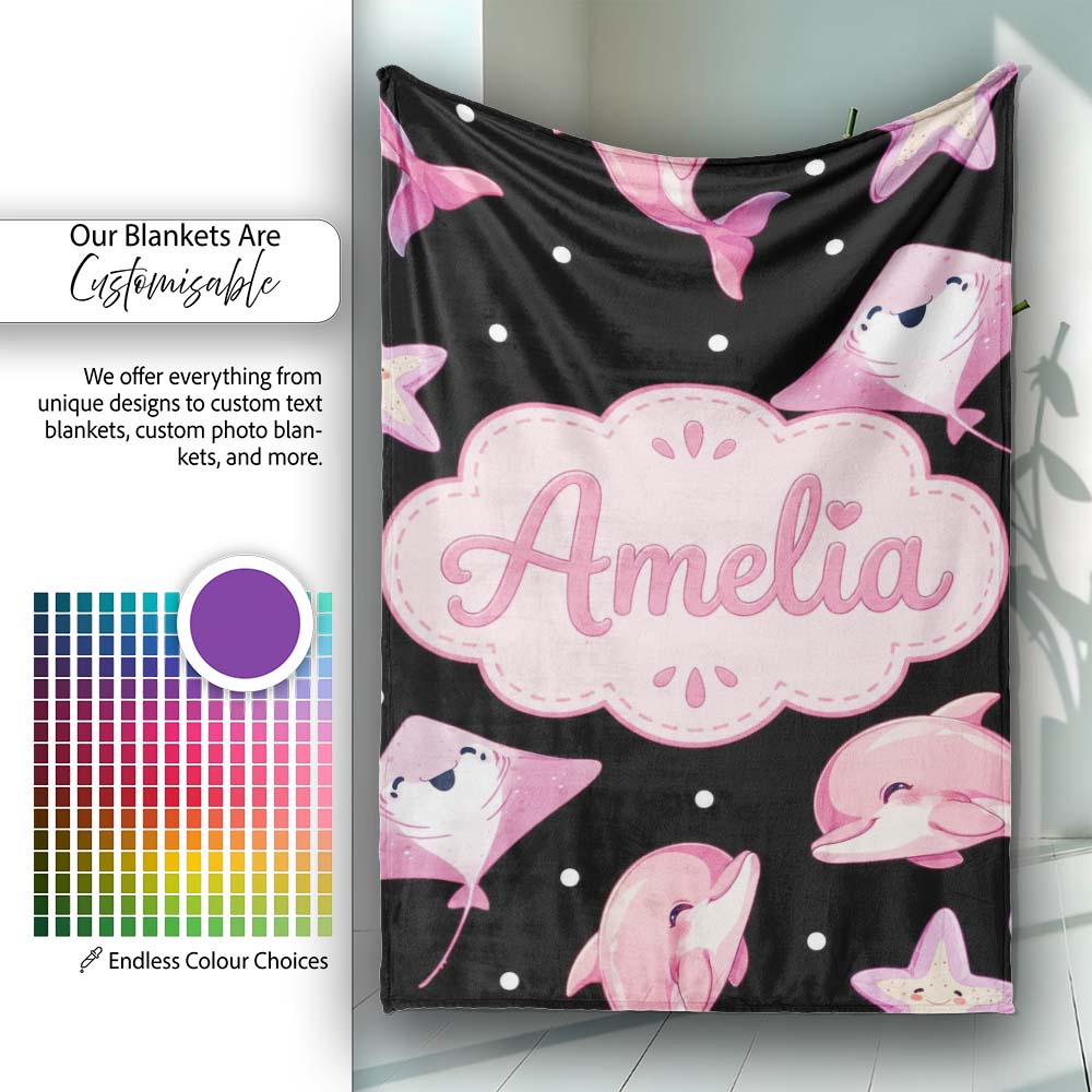 Cute Pink Dolphins and Starfish Seamless Ocean Pattern Light Grey  Personalised Custom Name Super Soft Fleece Blanket Bed Sofa Throw