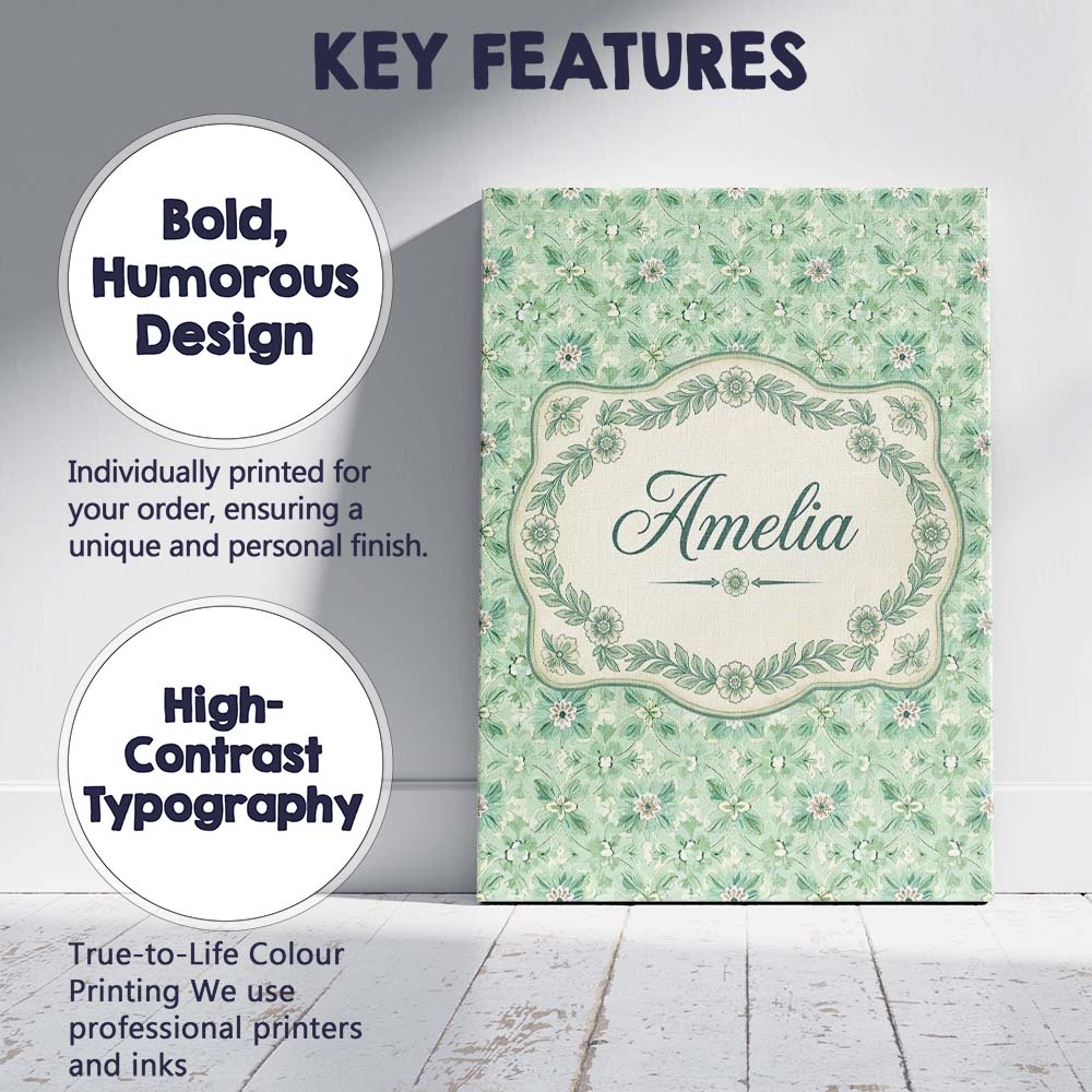 Personalised Name Elegant Green Floral Custom  Unique Gift Idea Modern Room Accent Canvas Wall Art Print Decor Picture Ready to Hang
