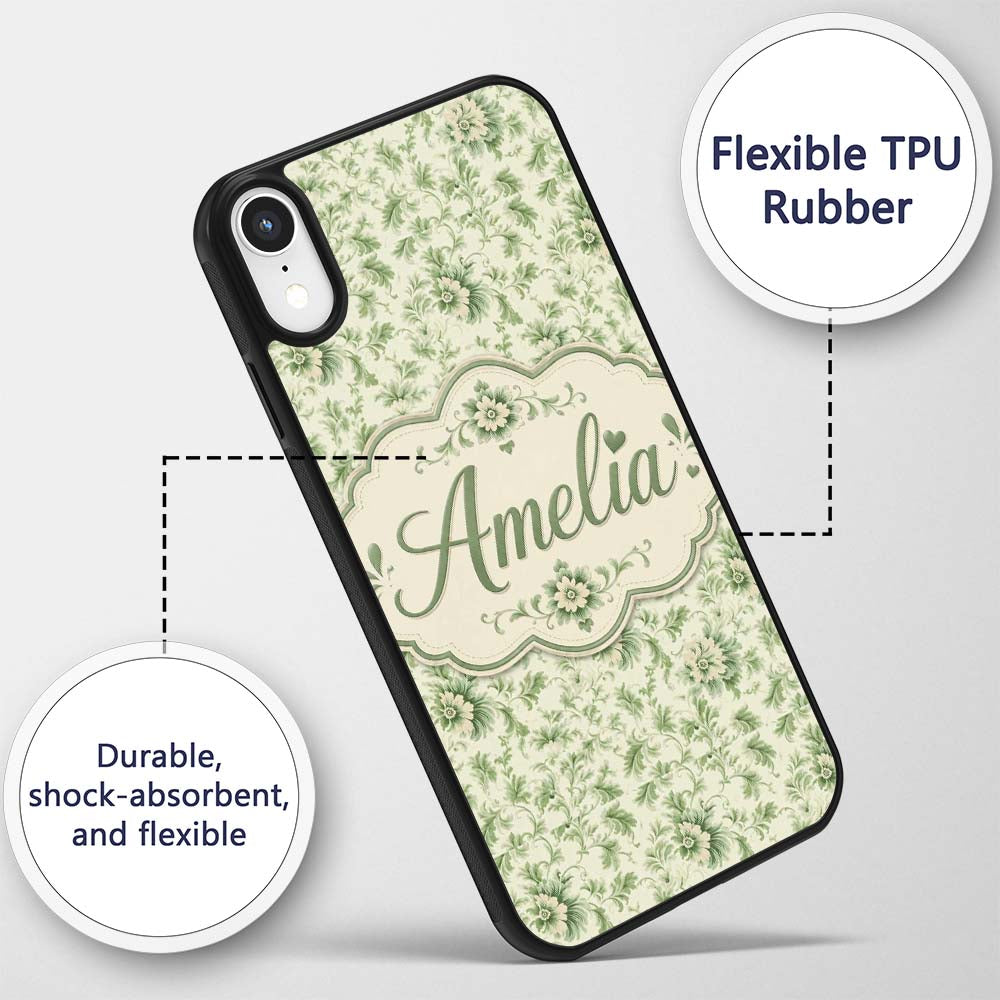 Classic Green Floral Damask Seamless Pattern Custom Name Protective Phone Case Mobile Cover Durable Everyday Smartphone Shock Resistant