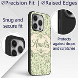 Classic Green Floral Damask Seamless Pattern Custom Name Protective Phone Case Mobile Cover Durable Everyday Smartphone Shock Resistant