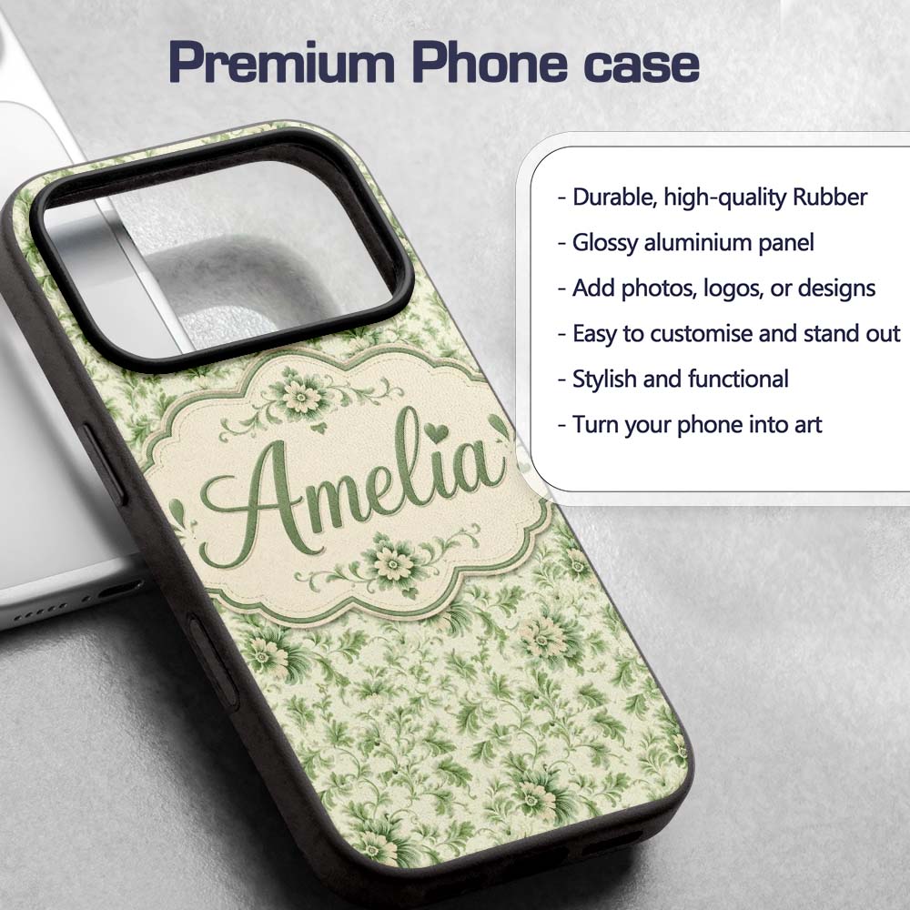 Classic Green Floral Damask Seamless Pattern Custom Name Protective Phone Case Mobile Cover Durable Everyday Smartphone Shock Resistant